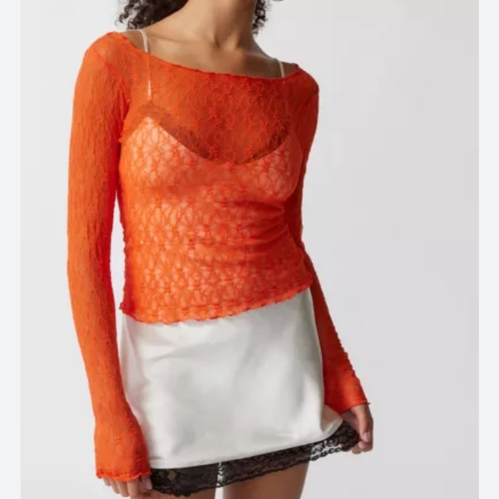 Urban Outfitters Out From Under Libby Sheer Lace Long Sleeve Top Orange NWT-XS